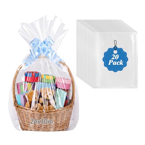 Image of woric 20PCS Clear Cellophane Gift Bags for Gift Baskets 24x30 Inch