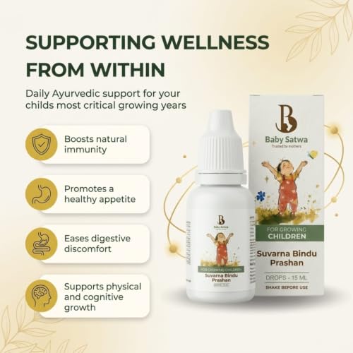 Image of Baby Satwa Swarnaprashan for Kids with 24 CT Gold Immunity Booster Drops for Healthy Growth, Strength & Overall Development, 100% Ayurvedic, FDCA Approved, 15ml, Age 0-15 Years (Pack of 1)