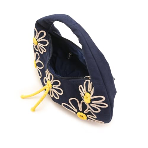 Image of Boho Girl Indigo Blossom Tote Bag - Navy Blue Floral Handbag for Women with Embroidered Flowers, Padded Handle & Ribbon Detail - Chic Shoulder Bag for Travel, Brunch