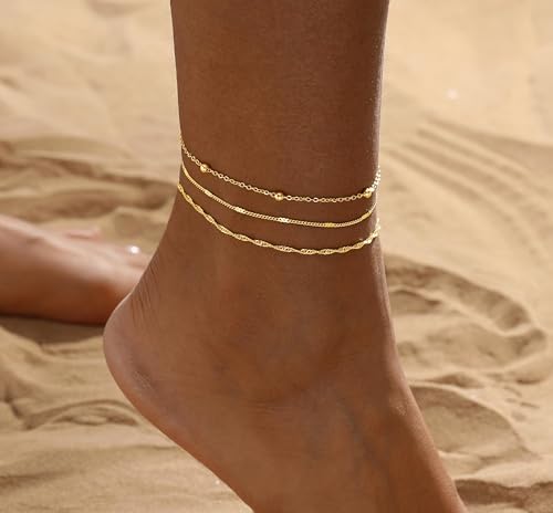 Image of 2 /3 PCS Gold Anklets for Women Waterproof Cuban Link Anklet Beaded Bracelets Stackable Bracelets 14K Gold Plated Custom Jewelry Gifts Non Tarnish Lightweight