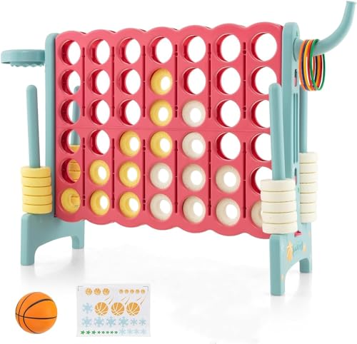 Maxmass Giant 4 in A Row, 3-in-1 Family Board Game Set with Basketball Hoop, Ring Toss, Quick-Release Slider & 42 Rings, Outdoor Jumbo 4-to-Score Game for Kids Adults (Blue+Pink)