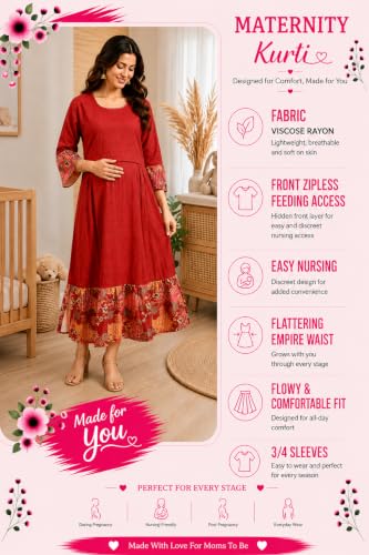 Image of RITIJYA Zipless Feeding Kurta Dress for Women | Maternity Nursing Kurti, No-Zip Easy Access | Extra Pleats Pre to Post Pregnancy | Quick-Dry Fabric | S-4XL