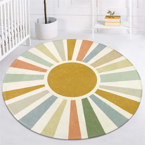 Image of STARUIA Boho Washable Rug 5 Ft Round Area Rug for Bedroom, Rainbow Circle Kids Rug for Office, Non-Slip Circluar Carpet Soft Sunshine for Dorm Nursery Sofa Living Room Corner