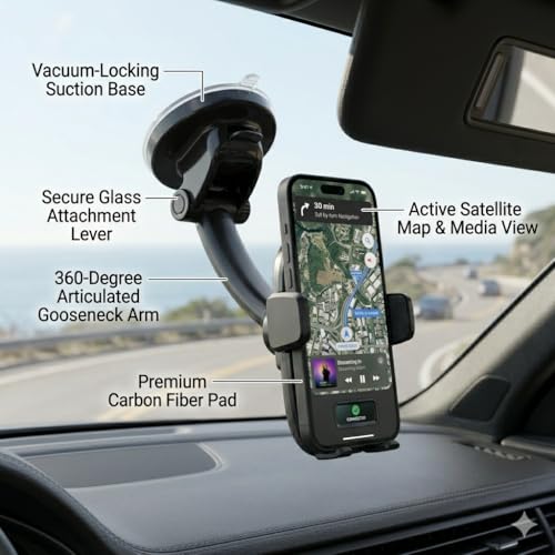 Image of Car Mobile Holder | Dashboard and Windshield Mount | Flexible Gooseneck Arm with 360 Rotation | Motorized Clamping Status Screen | Pack of 1