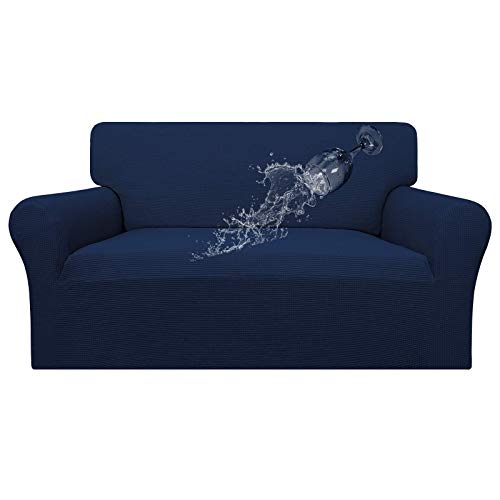 Image of Easy-Going 100% Waterproof Loveseat Couch Cover Stretch Jacquard Sofa Cover | Dual Waterproof Sofa Slipcover, Leakproof Furniture Protector for Kids, Pets, Dog and Cat (Loveseat, Navy)