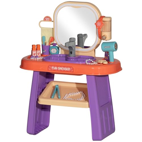AIYAPLAY Schminktisch für Kinder, Kinderschminktisch mit Spiegel Musik Beleuchtung Wasserhahn Zubehör, Frisiertisch, Frisiersalon Kosmetiktisch Set für Mädchen 3-6 Jahren Kinderzimmer Violett