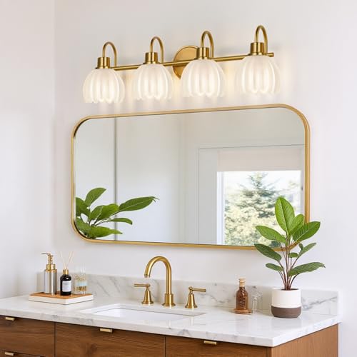 Image of 4-Light Bathroom Light Fixtures, 27 inch Brushed Gold Vanity Lights for Bathroom with Ribbed Frosted Clear Tulip Glass Shade, Vintage Bathroom Vanity Lighting Fixtures Over Mirror for Living Room Hallway
