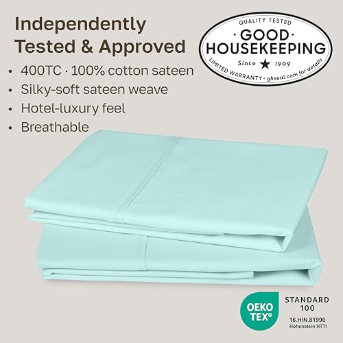 Image of California Design Den 400 Thread Count 100% Cotton Pillowcases, Seafoam King Pillowcase Set of 2, Long - Staple Combed Pure Natural Cotton Pillow Cases, Soft & Silky Sateen Weave