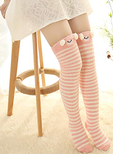 Image of Hotmiss Womens Thigh High Fuzzy Socks Cute Over the Knee Stockings Winter Warm Stripe Leg Warmers