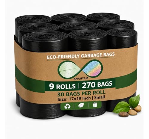 Image of Small Black Garbage Bags 17x19 Inch Trash Bags for Dry & Wet Waste, 270 Bags (9 Roll)