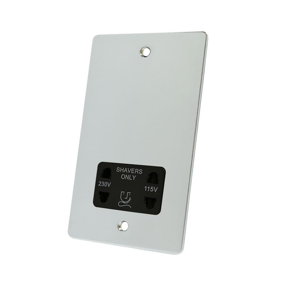 Alliance Electrical FPCSHABL 115/230 V 2 Gang Black Insert Dual Voltage Flat Shaver Socket - Polished Chrome