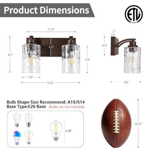 Image of 2-Light Bathroom Light Fixtures Modern ORB Vanity Lights | Easy to Install Clear Hammered Glass Shades, Rippled Glow, Wall Mount Up or Down, E26 Socket, Hardwired, 120V