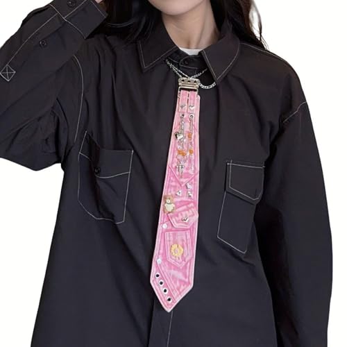 GJHFCXSO Women's Cute Denim Necktie Metal Chain Decoration Shirt Accessory Casual Party Punk Rock Fashion Pre-Tied Ties,Pink,One Size