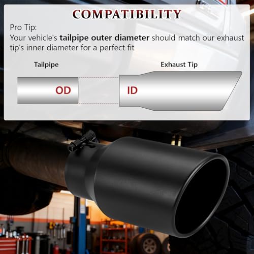 Image of Exhaust Tip 4 inch Inlet 6 inch Outlet 15 inch Long, High Performance Stainless Steel, Peel-Resistant Black Powder Coated, Rolled Angle Cut, Bolt-On Diesel Tail Pipe, Universal for Car Truck