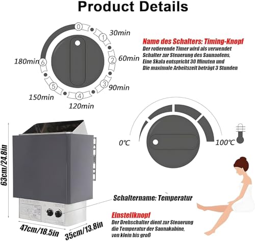 Calentador eléctrico de sauna, estufa de calefacción de acero inoxidable con temporizador y control de temperatura, horno de sauna de baño húmedo y seco para el hogar, hotel, spa.