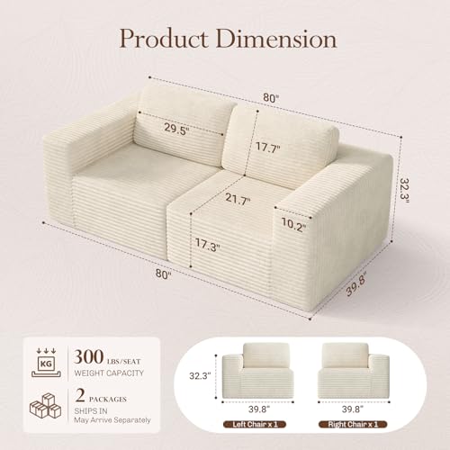 Image of Vesgantti 80 inch Modular Sectional Sofa, Corduroy Cloud Couch with Deep Seating & Spring Support, 2 Seater Compact Modular Couch, Boneless Sectional Sofa for Small Spaces, No Assembly Required, Beige