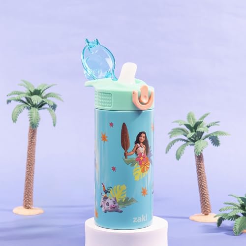 Image of Zak Designs Disney Moana Sage Kids Water Bottle For School or Travel, 14oz Stainless Steel Water Bottle With Straw, Handle, and Leak-Proof, Pop-Up Spout Cover (Moana, Maui, Pua, Hei Hei)