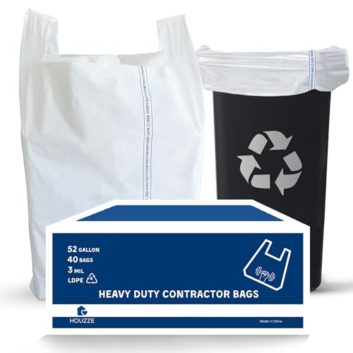 HOUZZE Bolsas de basura resistentes para contratistas con asas | 52 galones | 40 unidades | Bolsas de basura gruesas de construcción de 3 mil con nudo de marca para un manejo seguro | Ideal para uso