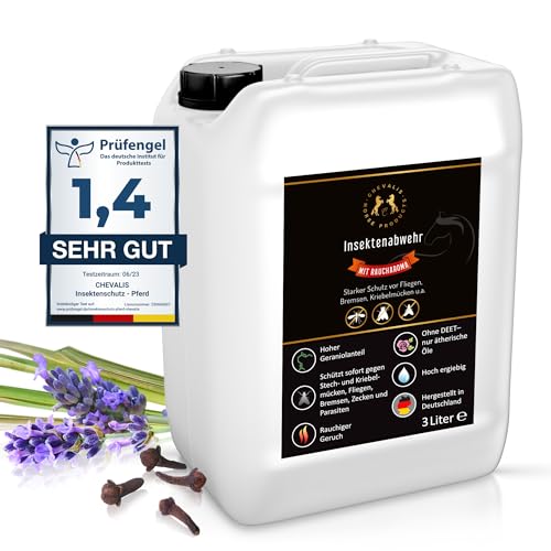 CHEVALIS Fliegenspray & Insektenschutz Pferd, EXTRA STARK, 3L Kanister mit Raucharoma, Sofortiger Schutz gegen Bremsen, Fliegen, Kriebelmücken, Zecken, Mit ätherischen Ölen und Geraniol