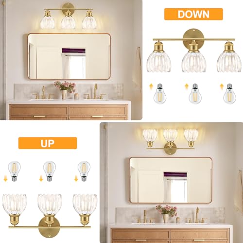 Image of Bathroom Light Fixtures, 3-Light Brushed Gold Vanity Lights for Bathroom with Clear Tulip Glass Shade, 20 inch Vintage Bathroom Vanity Lighting Fixtures Over Mirror for Bedroom Living Room Hallway