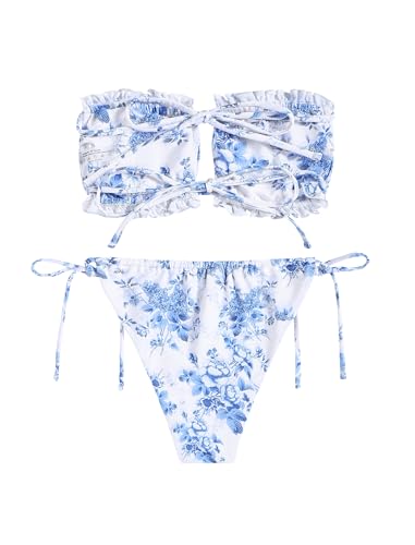 ZAFUL Women 2 Piece Strapless Bikini Swimsuits Ruffle Ribbed Self Tie Bandeau Bikini Set High Cut String Bathing Suits2