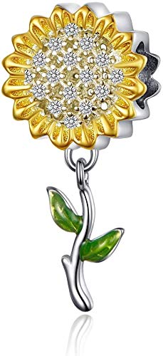 Image of Sunflower Dangle Charm Green leaf Beads 925 Sterling Silver Flower Pendant Charm fit Bracelet