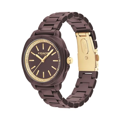 Image of Coach Kitt Qtz Basic Brown Tonneau Dial Women's Watch|Dark Brown Ceramic Material|Brown Color Band - 14504403