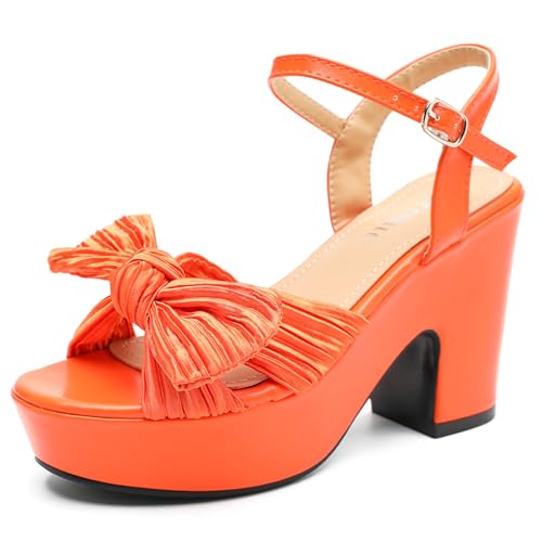 fereshte Women's Pleated Bow Knot Chunky Block Heels Platform High Heel Open Toe Ankle Strap Sandals