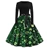 Womens Long Sleeve St Patricks Cute Clover Print Casual Crewneck A Line Flare Swing Dress St Patricks Day Costumes