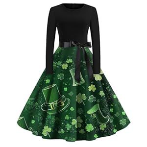 Womens Long Sleeve St Patricks Cute Clover Print Casual Crewneck A Line Flare Swing Dress St Patricks Day Costumes