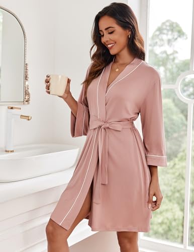 Ekouaer Women Kimono Robes Knee Length Knit Bathrobe Lightweight Soft Sleepwear V-Neck Casual Ladies Loungewear thumb #3