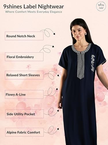 Image of 9shines Label Stylish Alpine Nighty Maxi for Women | Full Length Trendy Nightgown | Premium Nightdress | Nightwear | Heavy Embroidery Nighty with Pockets(2891)