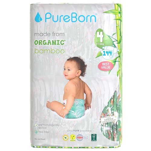 PureBorn Pañales Bebé Ecológicos de Bambú, Talla 4 (7-12 kg), 144 piezas (3 x 48), Hipoalergénicos, Ultrasuaves, Estampado Surtido