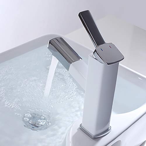 KAIYING Waschtischarmatur mit Herausziehbarer Spritze, Mischbatterie Waschbecken für Heißes und Kaltes Wasser, Ausziehbarer Wasserhahn Bad mit Drehbarem Auslauf (Chrom und Weiß)