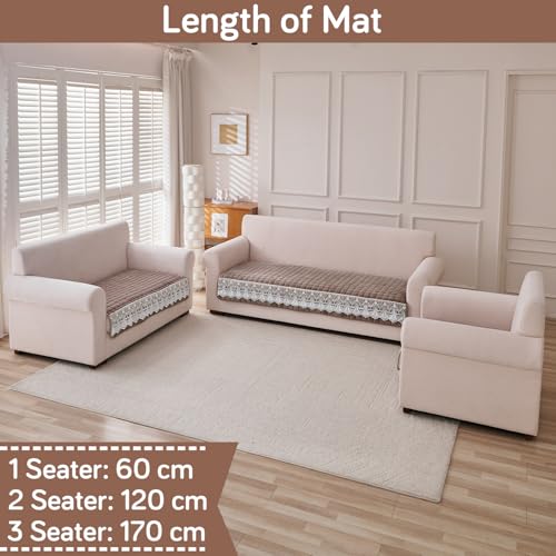 Image of HOKIPO 'BelleLace Series' 6 Seater Sofa Cover Mat in 3 Seater and 2 Seater and 1 Seater Configuration | Imperial Milk Velvet Mat with Anti Slip Backing, Mocha Brown (AR-5966+5964+5962-BRN)