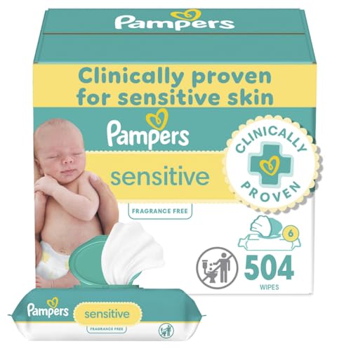 Image of Pampers Baby Wipes Sensitive, Water Based Hypoallergenic and Unscented 504 Total (6 Flip-Top Packs)