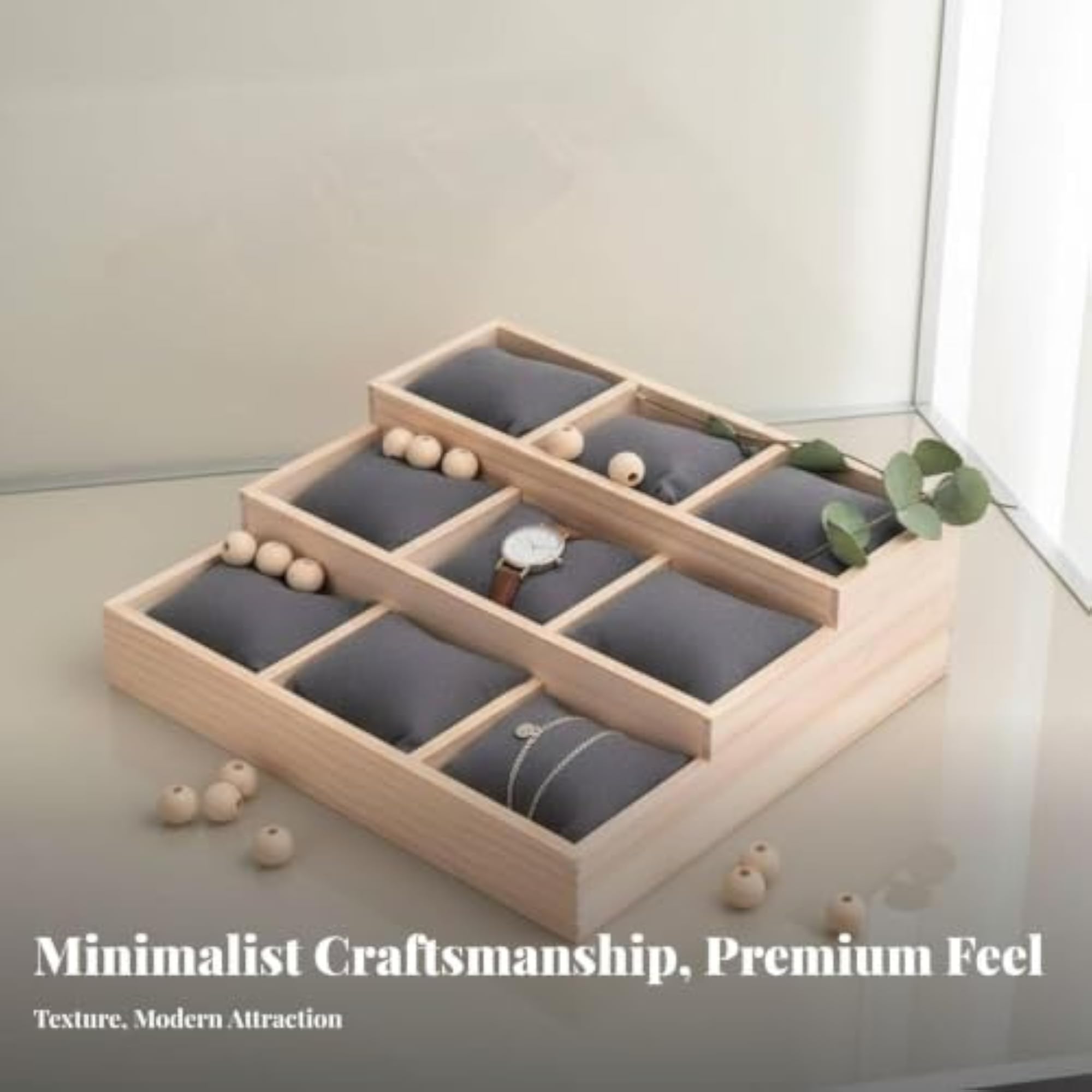 Jewelry Display Tray with Pillows, Solid Wood Frame