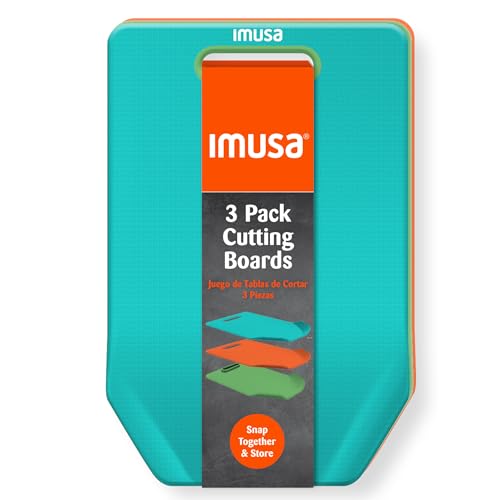 Image of IMUSA Cutting Board Set, 3-Pack 11.8 inchx7.4 inch, Nesting | Plastic, color-coded for meat and veggies to prevent cross-contamination, handles, curved edge for easy pour, dishwasher safe
