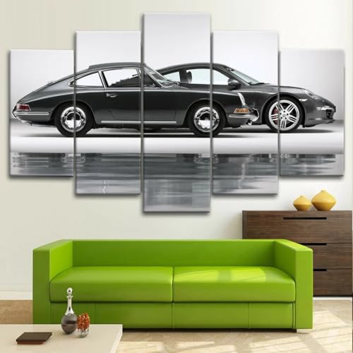 Tableau Porsch 911 coupe noir en 5 parties decoration murale de salon avec cadre