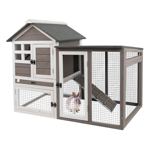 48" L Rabbit Hutch Indoor Outdoor Rabbit Cage with Run, Pull Out Tray, Asphalt Roof Large 2 Story Bunny Hutch Wooden Chicken Coop Guinea Pigs Pet Hous