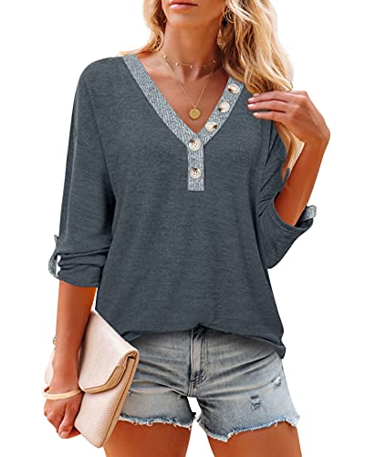Messic Tunics For Women To Wear With Leggings, 3/4 Sleeve Work Blouses For Women Office Color Block Loose Fitting Dressy Tops Flattering V Neck Polyester Button Up Shirts Casual Clothes Grey,M #TOP8