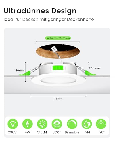ALUSSO LED Einbaustrahler 68mm Dimmbar, 4W Deckenspots Einbauleuchten LED Spot 230V, Warmweiß 3000K Neutralweiß 4000K Kaltweiß 6500K, IP44 Badezimmer Deckenstrahler für Küche, Wohnzimmer, 12er Set