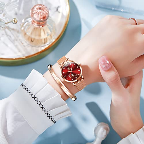 OLEVS Rose Gold Watch for Women Mesh Strap Fashion Dress Hearts Japanese Quartz Waterproof Luminous Ladies Watches Bracelet Sets