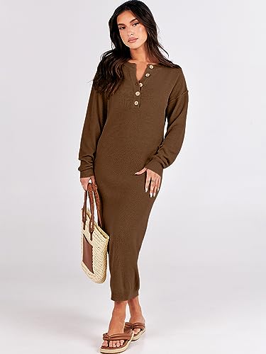 Image of ANRABESS Women Long Sleeve Button V Neck Oversized Casual Loose Fit Waffle Knit Fall Midi Sweater Dress 2026 Trendy Outfits