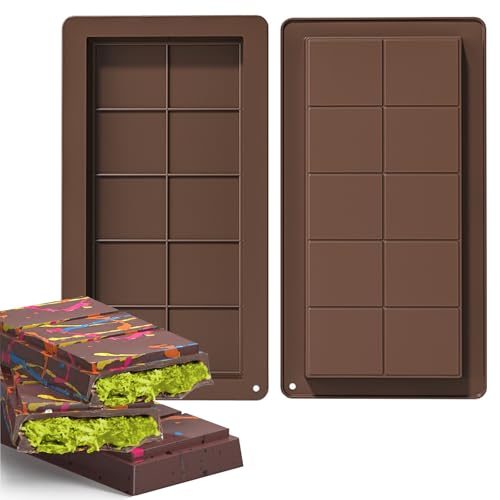Tehttz 2Pcs Chocolate Bar Molds, Large and Thick Silicone Chocolate Moulds Break Apart Wax Melt Mold Non-Stick Chocolate Molds