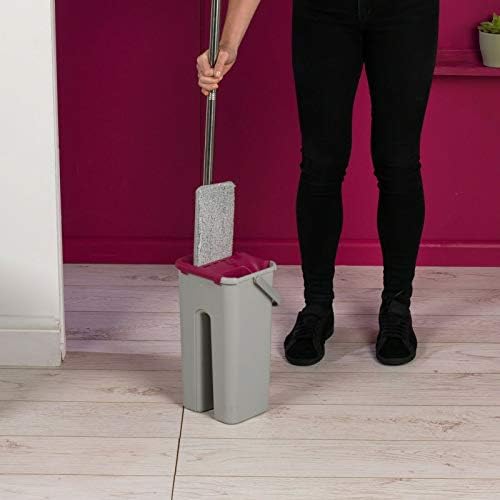 Kleeneze KL062253EU Space Saving Flat Head Microfibre Mop and Bucket Set, Built-in Wringer & Dirt-Removing Scraper, Compact for an Easy Storage Solution, Pink/Grey