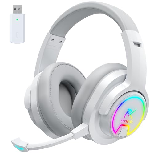Krysenix PG3 RGB Wireless Gaming Headset for PS4, PS5, PC, 2.4GHz 7.1 Surround Sound,Gaming Headphone with AI Detachable Noise Canceling Microphone, 48-Hr Battery for Laptop, Switch, Mac (White)