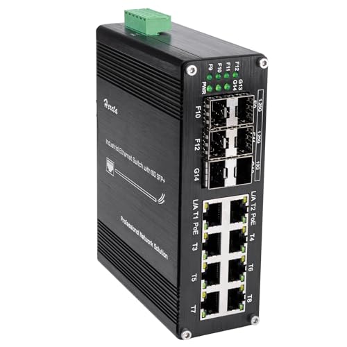 Image of Industrial 14-Port Gigabit PoE+ Switch, Hardened Network Switch with 8 x Gigabit PoE+ Ports, 4 x 1.25G SFP, 2 x 10G SFP+, 802.3af /at 30W, 240W Total Budget, Plug & Play, Supports 48-57V DC Input