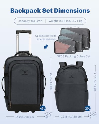 Image of Hynes Eagle 2 in 1 Travel Backpack 22 inches Carry on Luggage 63L Rolling Backpack for Men Women with Packing Cubes 3PCS Set