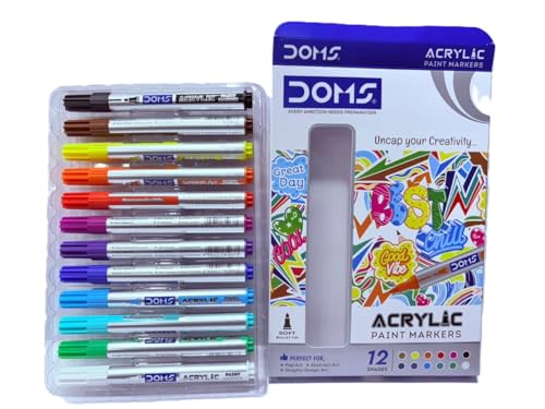 Image of Doms Acrylic Paint Marker- 12 Assorted Shades| Soft Bullet Tip| Bright & Rich Colours| Perfect For Pop, Abstract & Graphic Design Art| Pack of 1